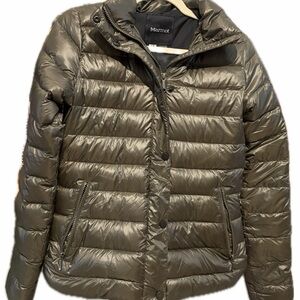 Marmot Ithaca 700 Fill Women's Dark Green Metallic Puffer Coat Faux Fur Hood